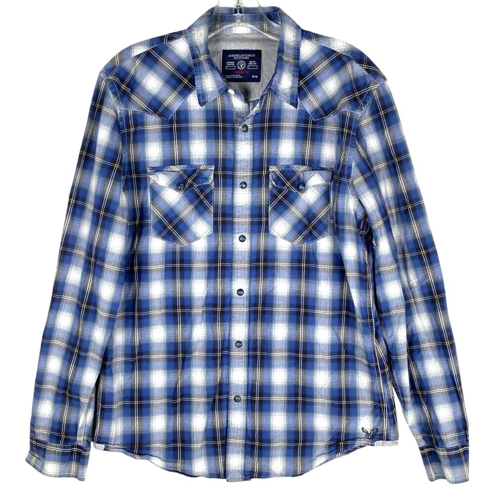 American Eagle Plaid Western Shirt Mens M Vintage Fit Pearl Snap Buttons Cowboy